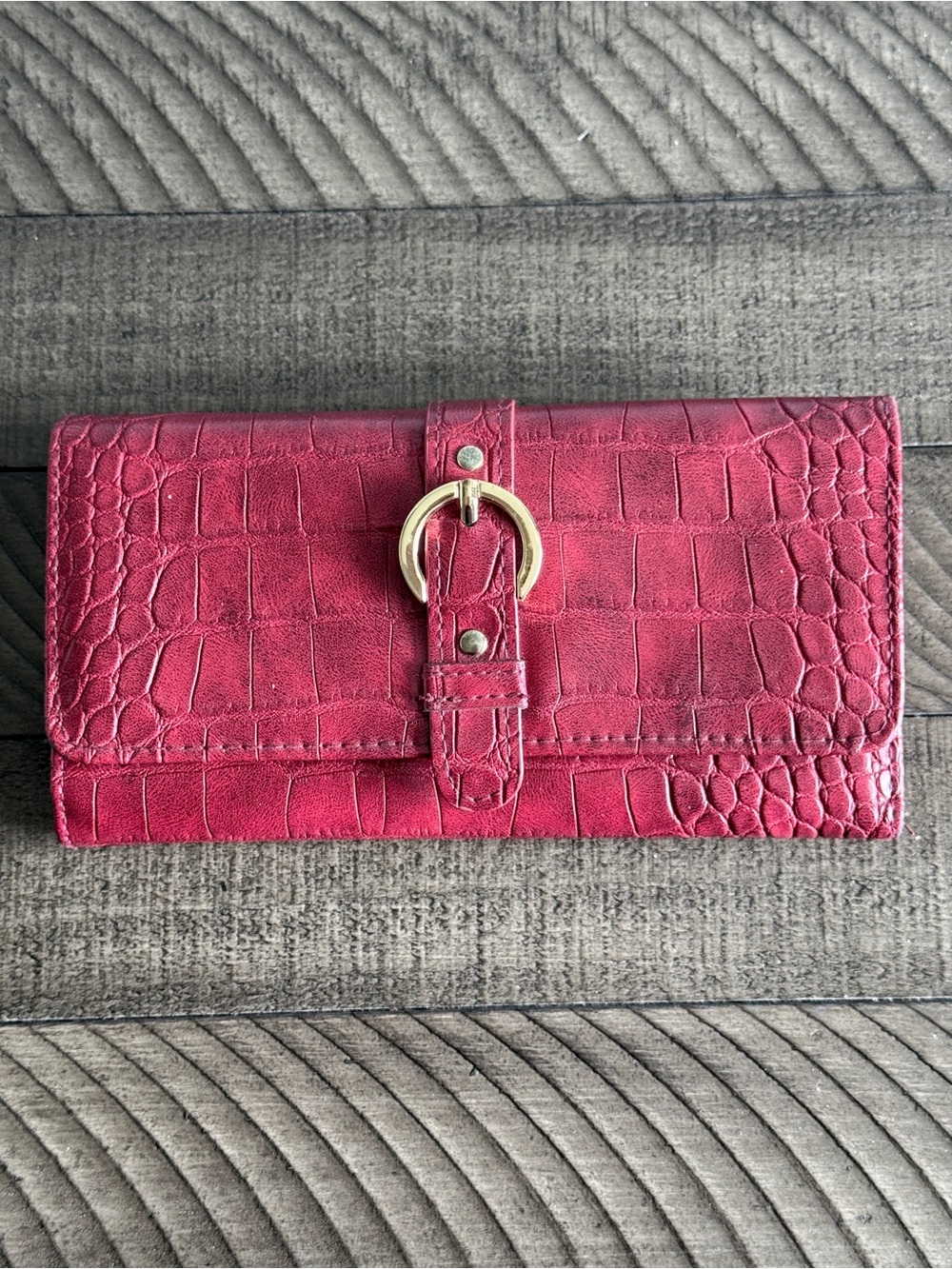 Red Faux-Croc Wallet Clutch with Gold Buckle